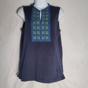 J.Crew Cotton Sleeveless Boho Embroidered Navy Top Size Small
